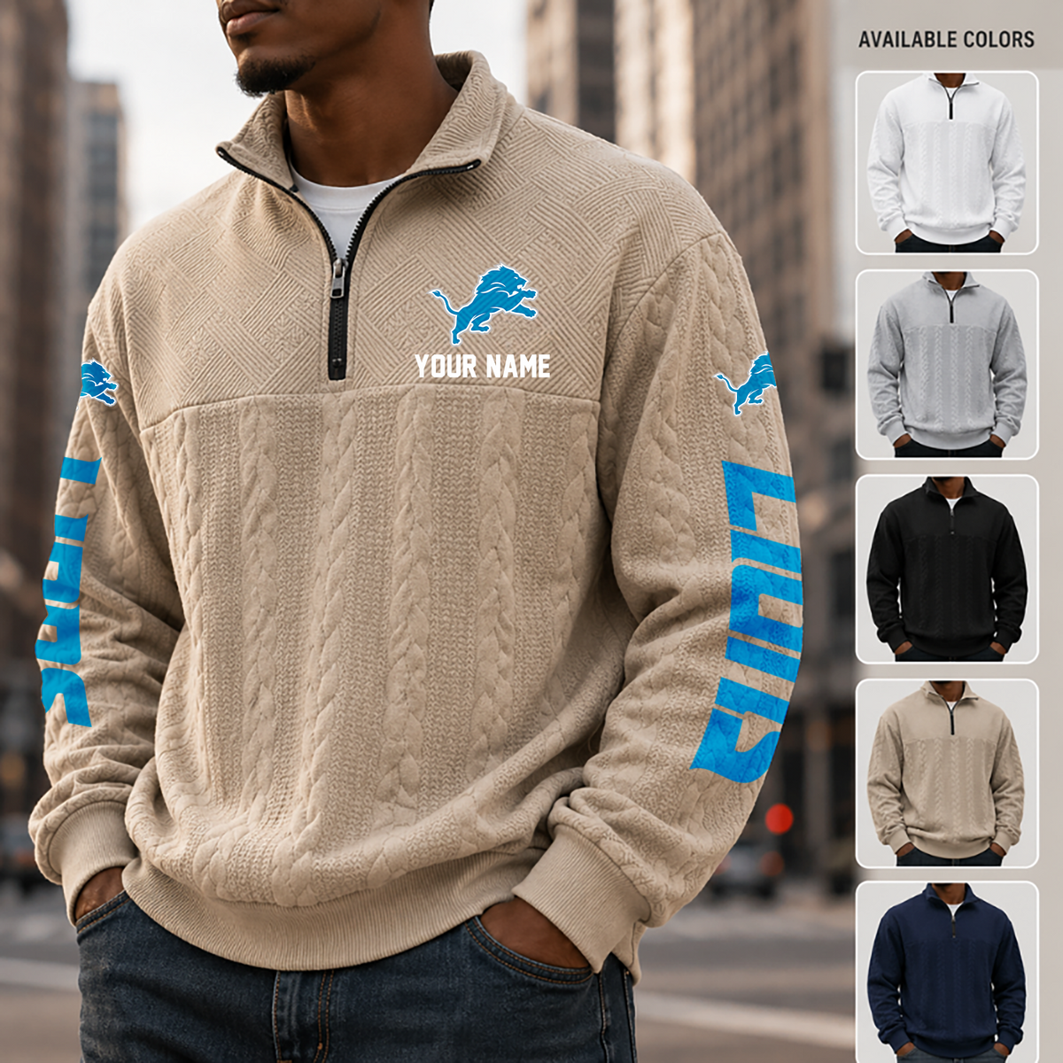 [TOUCHDOWN DEAL] NEW CUSTOMIZED NFL04 DTL DETROIT LIONS MULTICOLOR QUARTER-ZIP SWEATSHIRT