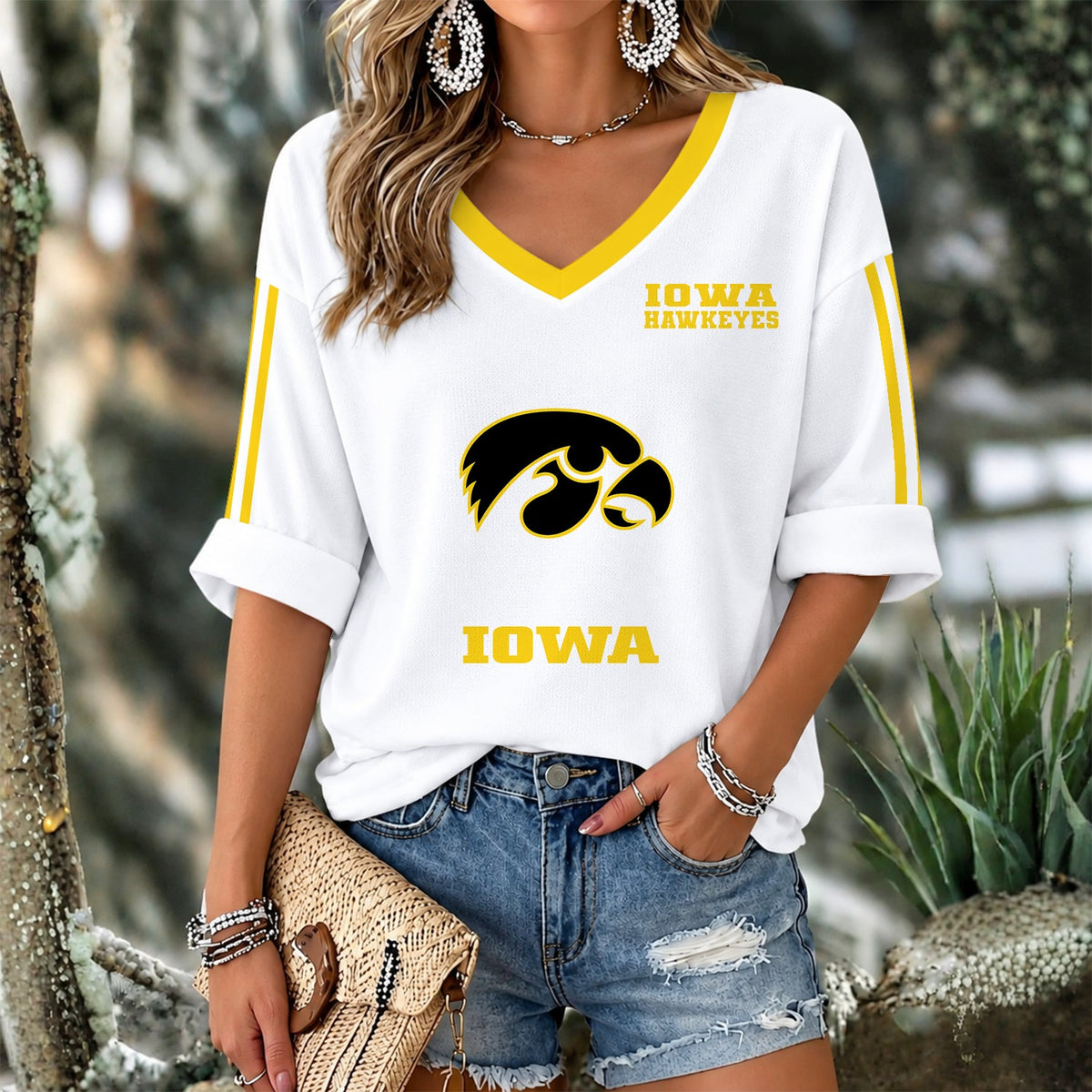 [HOOPS SPECIAL] NEW CUSTOMIZED NCAA CFH04 IWH IOWA HAWKEYES WOMEN'S V-NECK LONG SLEEVE SHIRT