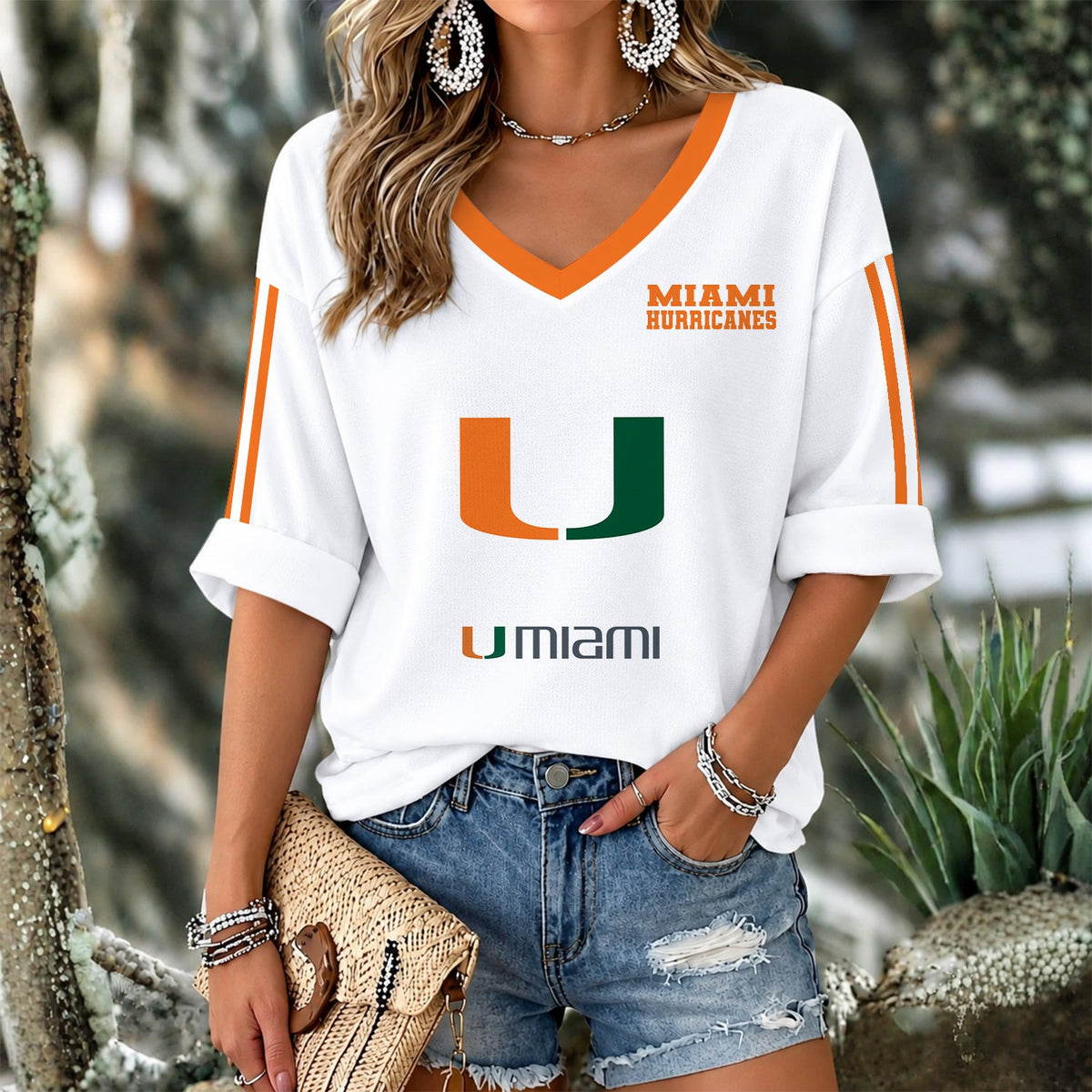 [HOMERUN DEAL] NEW CUSTOMIZED NCAA CWS04 MIH MIAMI HURRICANES WOMEN'S V-NECK LONG SLEEVE SHIRT