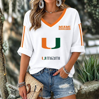 [HOMERUN DEAL] NEW CUSTOMIZED NCAA CWS04 MIH MIAMI HURRICANES WOMEN'S V-NECK LONG SLEEVE SHIRT