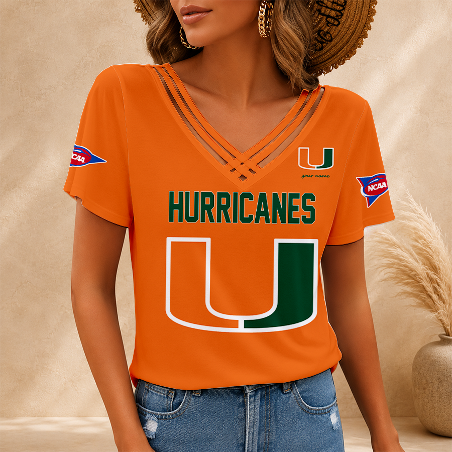 [FAN FAVORITE] NEW CUSTOMIZED NCAA CWS04 MIH MIAMI HURRICANES V-NECK SHIRT