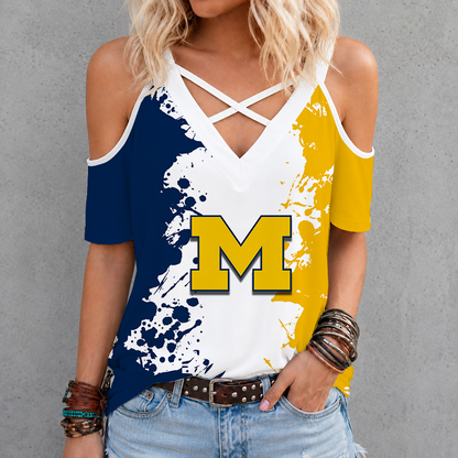 [PUCK DROP DEAL] NEW CUSTOMIZED NCAA MFF04 MIW MICHIGAN WOLVERINES CRISS CROSS V-NECK TOP