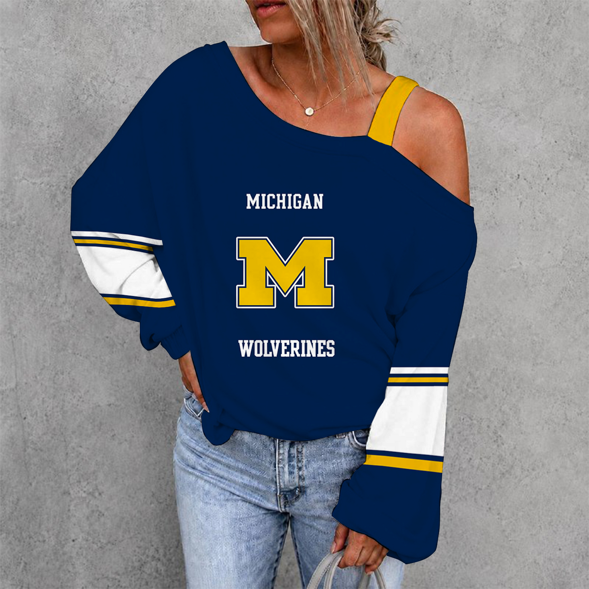 [PUCK DROP DEAL] NEW CUSTOMIZED NCAA MFF04 MIW MICHIGAN WOLVERINES WOMEN'S OFF-SHOULDER LONG SLEEVE SHIRT