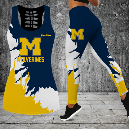 [PUCK DROP DEAL] NEW CUSTOMIZED NCAA MFF04 MIW MICHIGAN WOLVERINES HOLLOW TANK TOP & LEGGINGS SET