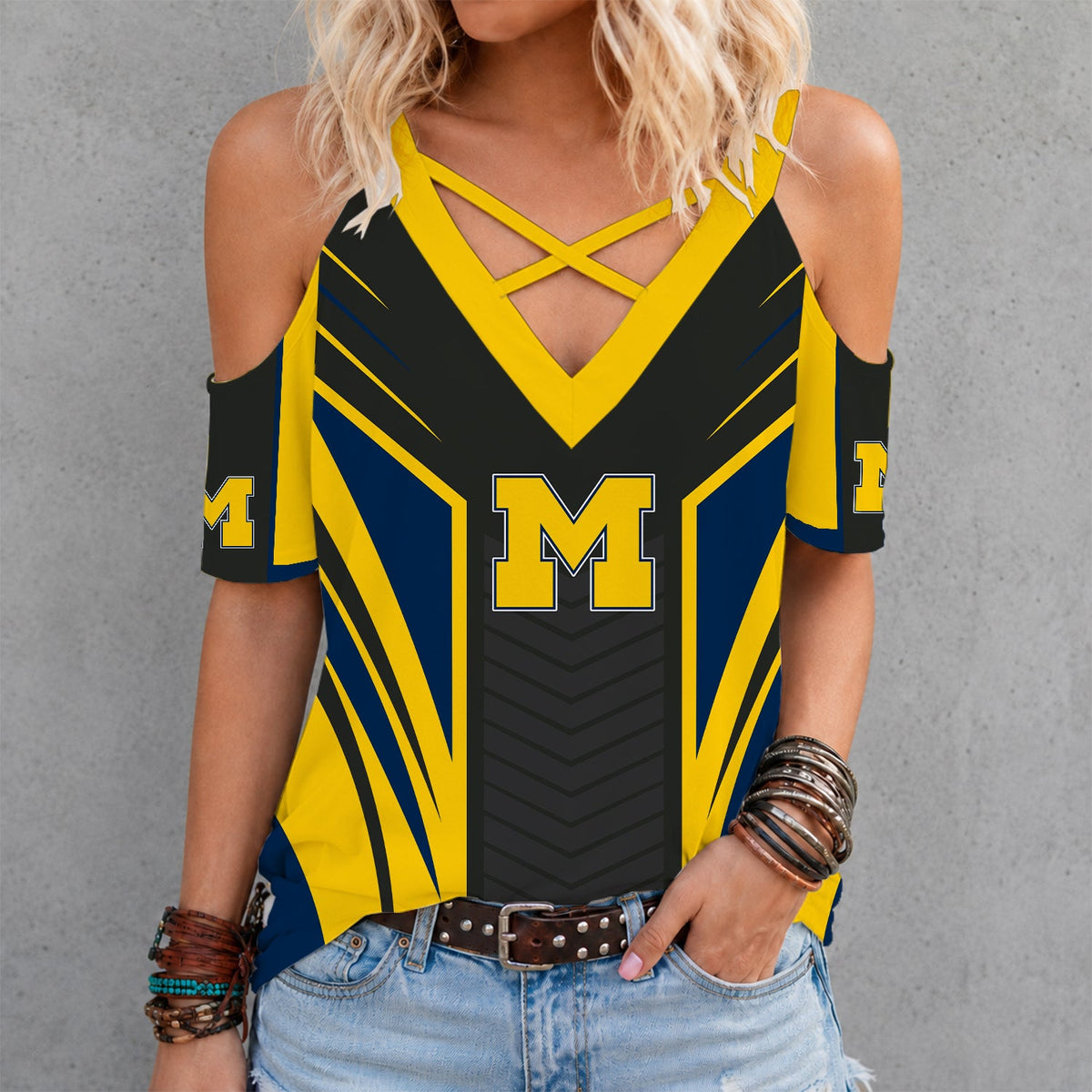 [PUCK DROP DEAL] NEW CUSTOMIZED NCAA MFF04 MIW MICHIGAN WOLVERINES CRISS CROSS V-NECK TOP