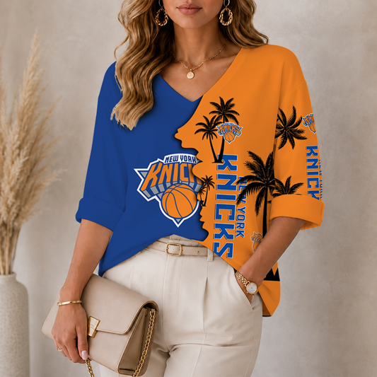 [HOT DEAL] NEW CUSTOMIZED NBA04 NYK NEW YORK KNICKS WOMEN'S V-NECK LONG SLEEVE SHIRT