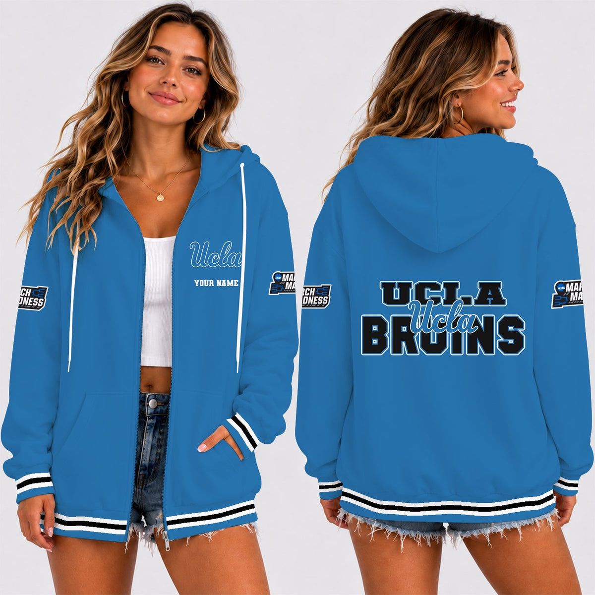 [SLAM DUNK DEAL] NEW CUSTOMIZED NCAA MAM04 UCB UCLA BRUINS STRAPPY ZIP HOODIE