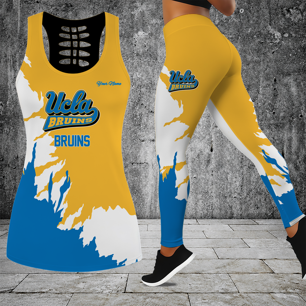 [SLAM DUNK DEAL] NEW CUSTOMIZED NCAA MAM04 UCB UCLA BRUINS STRAPPY HOLLOW TANK TOP & LEGGINGS SET