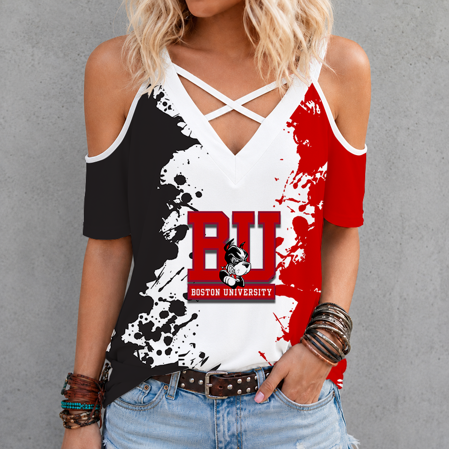 [PUCK DROP DEAL] NEW CUSTOMIZED NCAA MFF05 BUT BOSTON UNIVERSITY TERRIERS CRISS CROSS V-NECK TOP