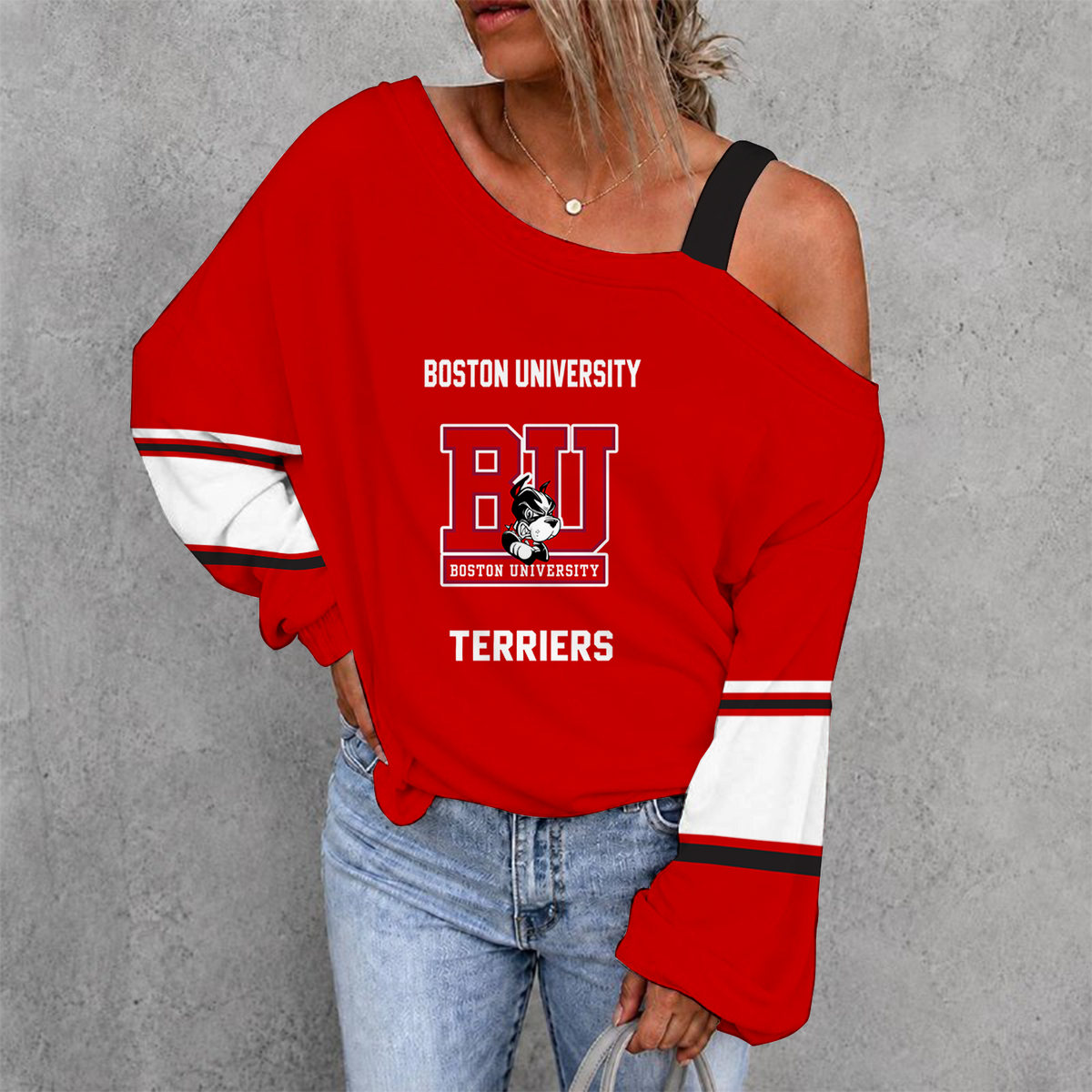 [PUCK DROP DEAL] NEW CUSTOMIZED NCAA MFF05 BUT BOSTON UNIVERSITY TERRIERS WOMEN'S OFF-SHOULDER LONG SLEEVE SHIRT