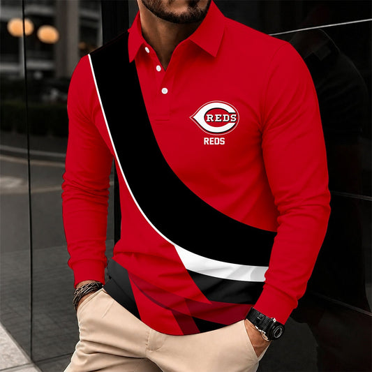 [HOMERUN DEAL] NEW CUSTOMIZED MLB05 CRS CINCINNATI REDS MEN'S LONG SLEEVE POLO