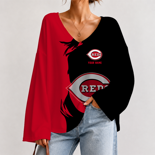 [HOMERUN DEAL] NEW CUSTOMIZED MLB05 CRS CINCINNATI KHAKIS V-NECK LONG SLEEVED CROP TOP