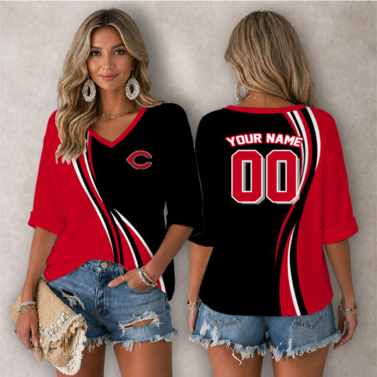 [HOMERUN DEAL] NEW CUSTOMIZED MLB05 CRS CINCINNATI REDS WOMEN'S HEART V-NECK LONG SLEEVE SHIRT