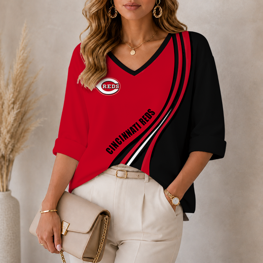[HOMERUN DEAL] NEW CUSTOMIZED MLB05 CRS CINCINNATI REDS WOMEN'S HEART V-NECK LONG SLEEVE SHIRT
