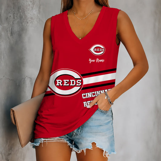 [HOMERUN DEAL] NEW CUSTOMIZED MLB05 CRS CINCINNATI REDS WOMEN'S V-NECK TANK TOP