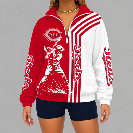 [HOMERUN DEAL] NEW CUSTOMIZED MLB05 CRS CINCINNATI REDS V-NECK ZIPPER SWEATSHIRT JACKET