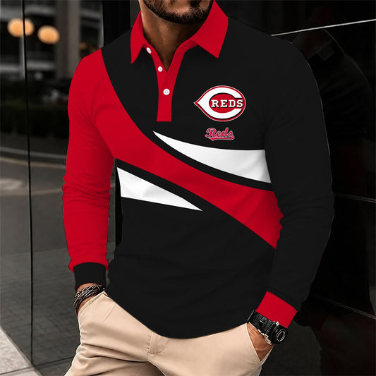 [HOMERUN DEAL] NEW CUSTOMIZED MLB05 CRS CINCINNATI REDS MEN'S LONG SLEEVE POLO