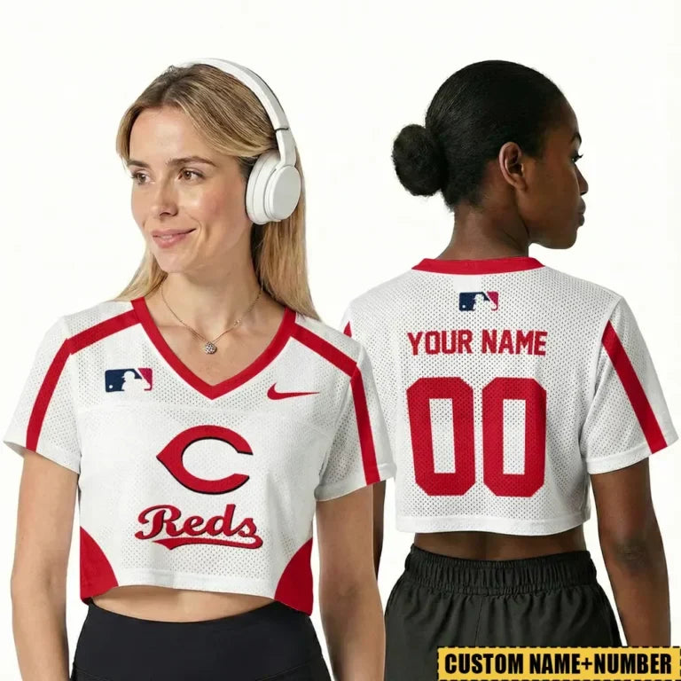 [HOMERUN DEAL] NEW CUSTOMIZED MLB05 CRS CINCINNATI REDS V-NECK JERSEY CROP TOP