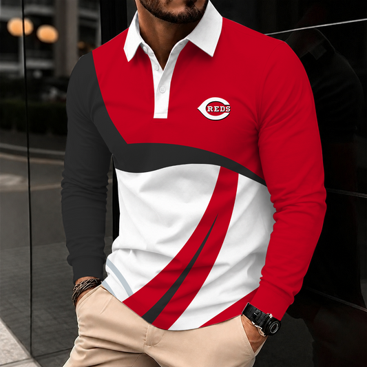 [HOMERUN DEAL] NEW CUSTOMIZED MLB05 CRS CINCINNATI REDS MEN'S LONG SLEEVE POLO