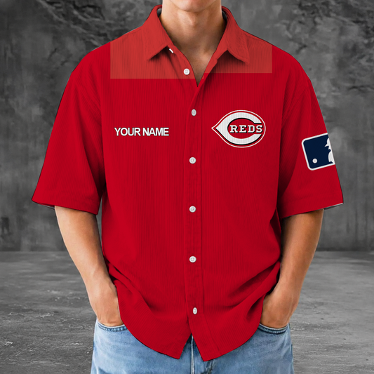 [HOMERUN DEAL] NEW CUSTOMIZED MLB05 CRS CINCINNATI KHAKIS SEERSUCKER BUTTON SHIRT