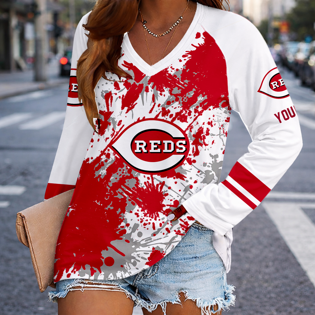 [HOMERUN DEAL] NEW CUSTOMIZED MLB05 CRS CINCINNATI REDS WOMEN'S V-NECK LONG SLEEVED SHIRT