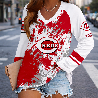 [HOMERUN DEAL] NEW CUSTOMIZED MLB05 CRS CINCINNATI REDS WOMEN'S V-NECK LONG SLEEVED SHIRT