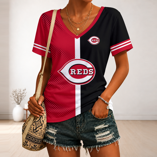 [HOMERUN DEAL] NEW CUSTOMIZED MLB05 CRS CINCINNATI REDS V-NECK FEMALE SHIRT