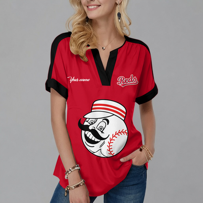 [HOMERUN DEAL] NEW CUSTOMIZED MLB05 CRS CINCINNATI REDS V-NECK FEMALE SHIRT