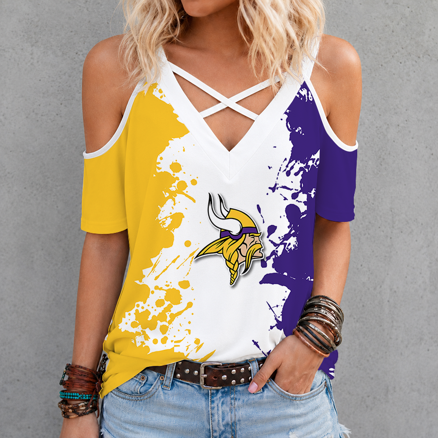 [TOUCHDOWN DEAL] NEW CUSTOMIZED NFL05 MVK MINNESOTA VIKINGS CRISS CROSS V-NECK TOP