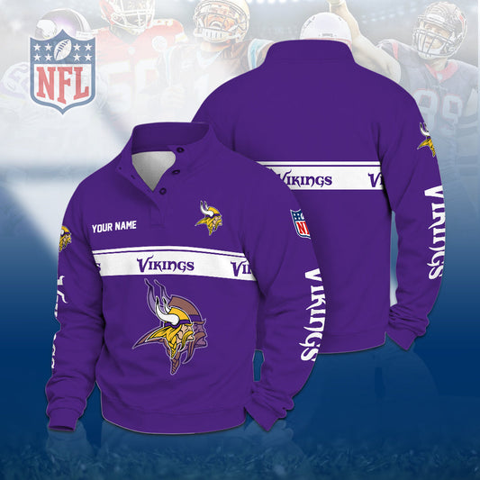 [TOUCHDOWN DEAL] NEW CUSTOMIZED NFL05 MVK THE VIKINGS QUARTER-BUTTON STAND-COLLAR SWEATSHIRT