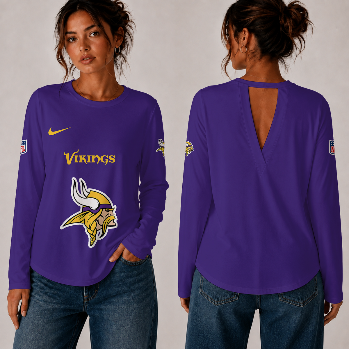 [TOUCHDOWN DEAL] NEW CUSTOMIZED NFL05 MVK THE VIKINGS WOMEN'S BACK V-CUT LONG-SLEEVE SHIRT