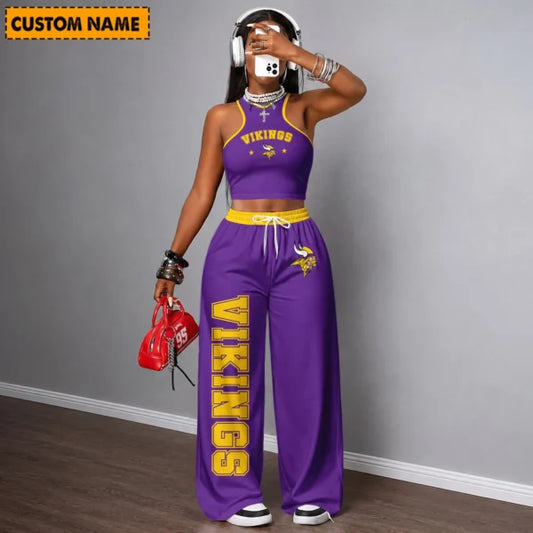 [TOUCHDOWN DEAL] NEW CUSTOMIZED NFL05 MVK MINNESOTA VIKINGS WOMEN'S CROP TOP & LONGPANTS SET