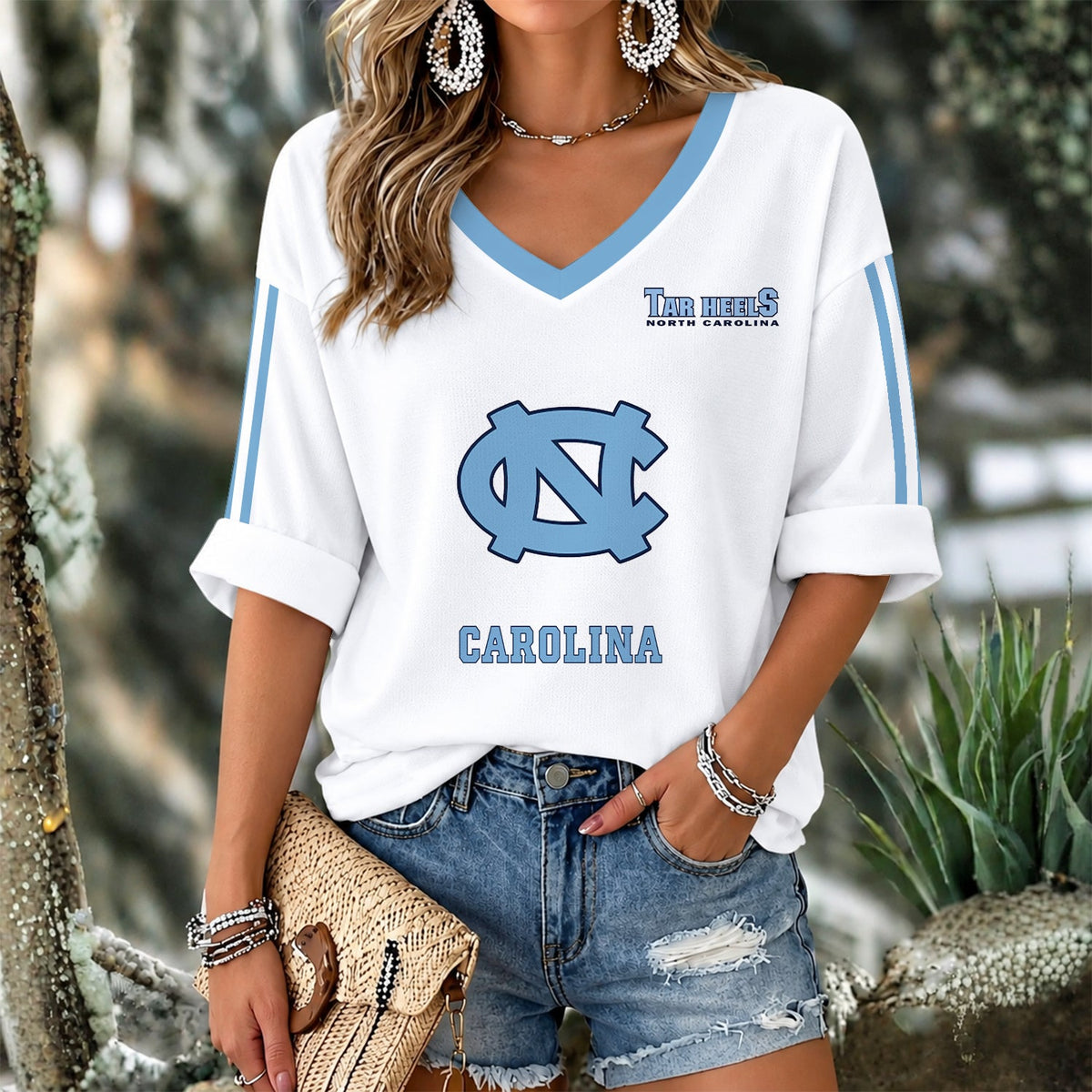 [SLAM DUNK DEAL] NEW CUSTOMIZED NCAA MAM05 NTH NORTH CAROLINA TAR HEELS WOMEN'S V-NECK LONG SLEEVE SHIRT