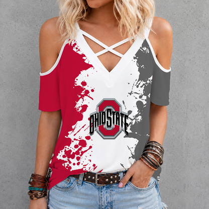 [TOUCHDOWN DEAL]NEW CUSTOMIZED NCAA FBS05 OSB OHIO STATE BUCKEYES CRISS CROSS V-NECK TOP
