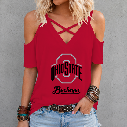 [FAN FAVORITE] NEW CUSTOMIZED NCAA FBS05 OSB OHIO STATE BUCKEYES CRISS CROSS V-NECK TOP