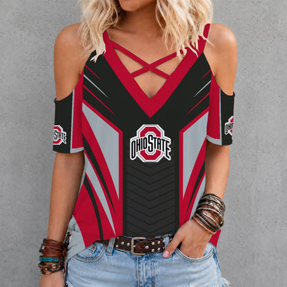 [TOUCHDOWN DEAL] NEW CUSTOMIZED NCAA FBS05 OSB OHIO STATE BUCKEYES CRISS CROSS V-NECK TOP