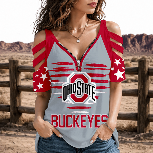 [TOUCHDOWN DEAL] NEW CUSTOMIZED NCAA FBS05 OSB OHIO STATE BUCKEYES STRAPPY COLD-SHOULDER TOP