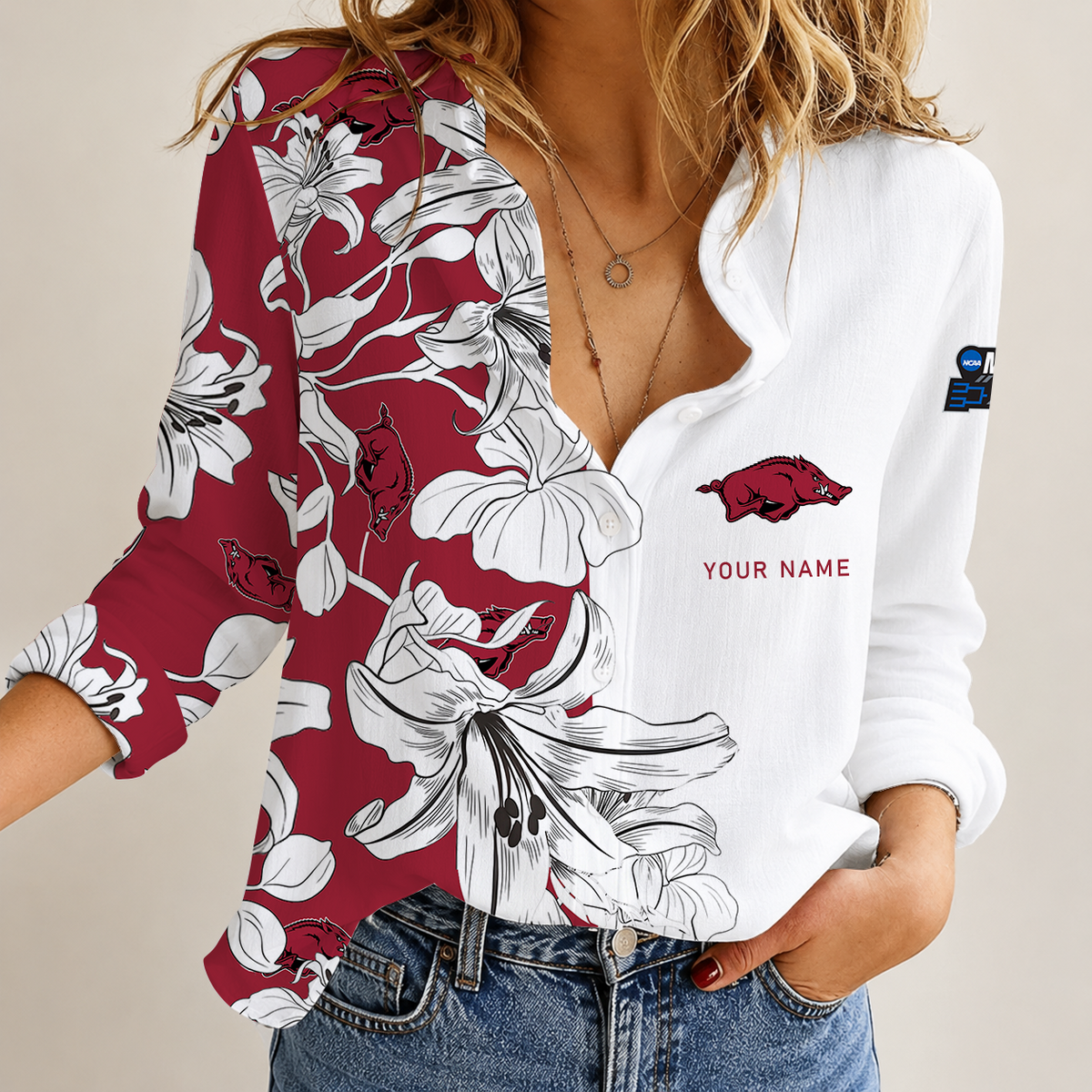 [SLAM DUNK DEAL] NEW CUSTOMIZED NCAA MAM06 AKR ARKANSAS RAZORBACKS STRAPPY WOMEN CASUAL SHIRT