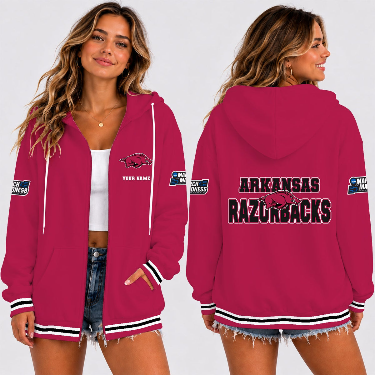 [SLAM DUNK DEAL] NEW CUSTOMIZED NCAA MAM06 AKR ARKANSAS RAZORBACKS STRAPPY ZIP HOODIE
