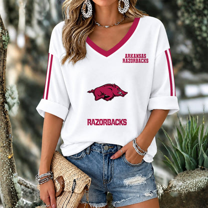 [SLAM DUNK DEAL] NEW CUSTOMIZED NCAA MAM06 AKR ARKANSAS RAZORBACKS WOMEN'S V-NECK LONG SLEEVE SHIRT