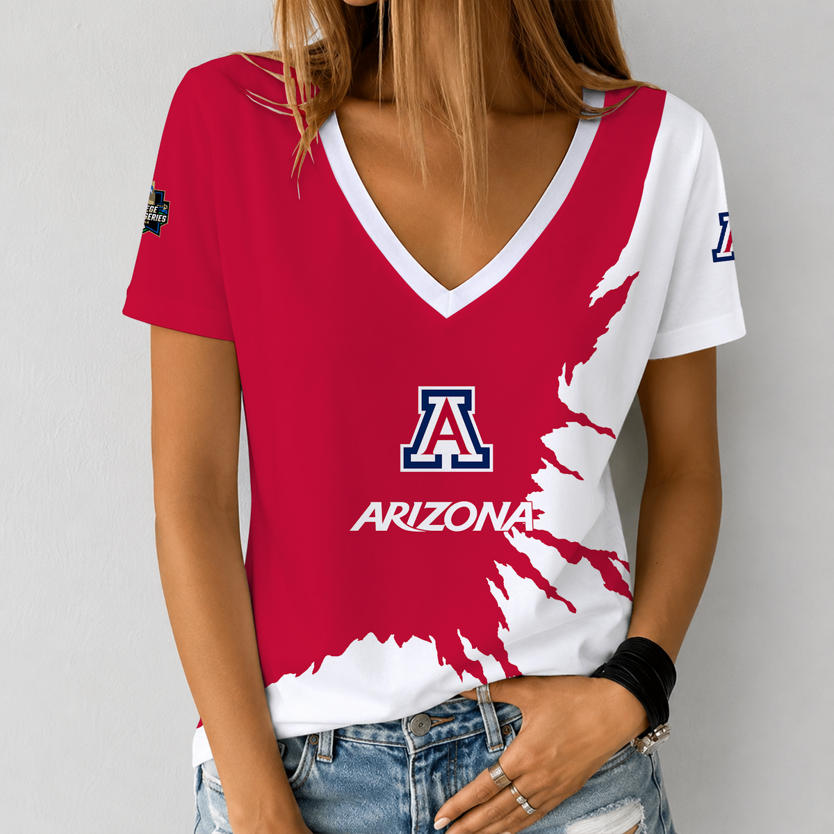 [HOMERUN DEAL] NEW CUSTOMIZED NCAA CWS06 ARW ARIZONA WILDCATS V-NECK FEMALE SHIRT