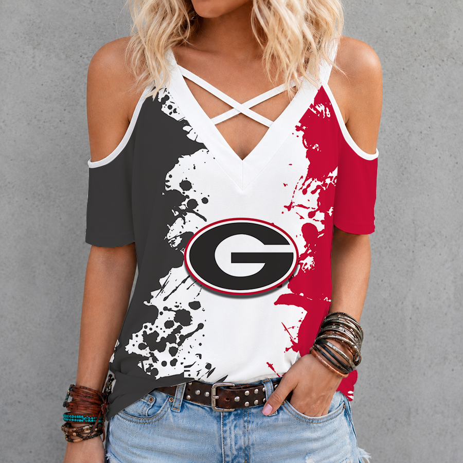 [TOUCHDOWN DEAL]NEW CUSTOMIZED NCAA FBS06 GEB GEORGIA BULLDOGS CRISS CROSS V-NECK TOP