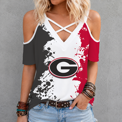 [TOUCHDOWN DEAL]NEW CUSTOMIZED NCAA FBS06 GEB GEORGIA BULLDOGS CRISS CROSS V-NECK TOP