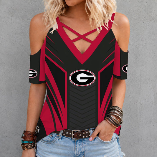 [TOUCHDOWN DEAL] NEW CUSTOMIZED NCAA FBS06 GEB GEORGIA BULLDOGS CRISS CROSS V-NECK TOP