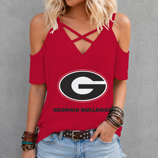 [TOUCHDOWN DEAL] NEW CUSTOMIZED NCAA FBS06 GEB GEORGIA BULLDOGS CRISS CROSS V-NECK TOP