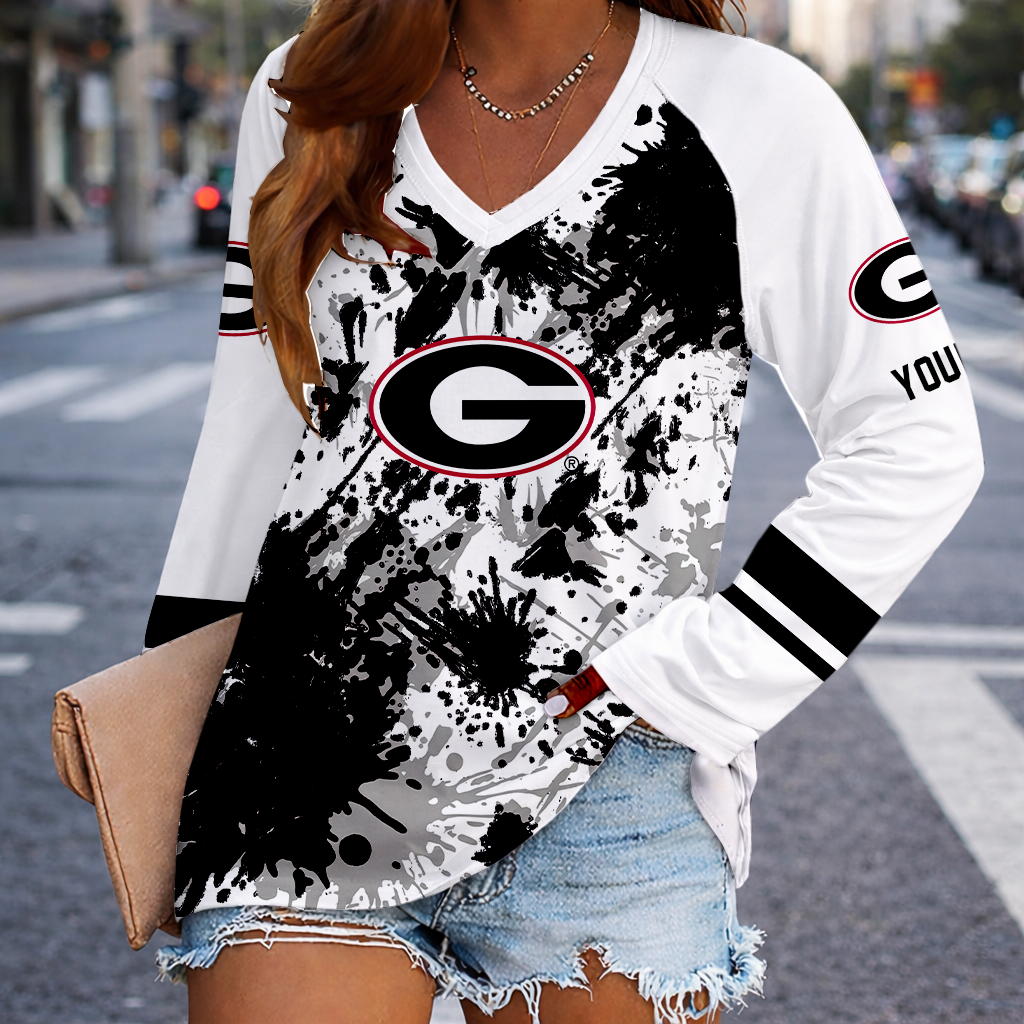 [TOUCHDOWN DEAL] NEW CUSTOMIZED NCAA FBS06 GEB GEORGIA BULLDOGS WOMEN'S V-NECK LONG SLEEVED SHIRT