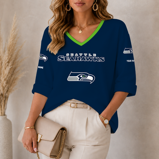 [SPECIAL OFFER] NEW CUSTOMIZED NFL06 SSH SEATTLE SEAHAWKS WOMEN'S HEART V-NECK LONG SLEEVE SHIRT