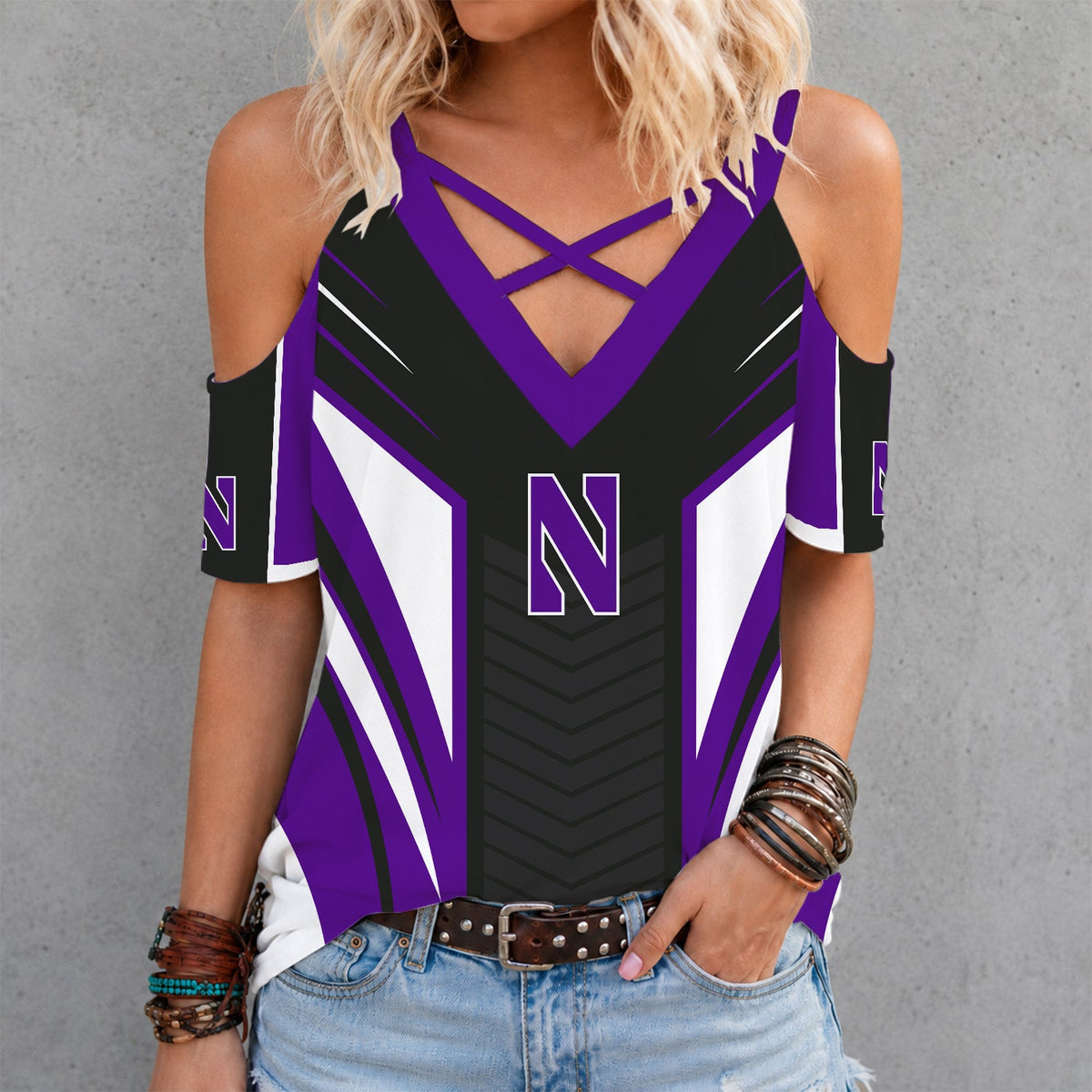 [HOOPS SPECIAL] NEW CUSTOMIZED NCAA CFH06 NOW NORTHWESTERN WILDCATS CRISS CROSS V-NECK TOP