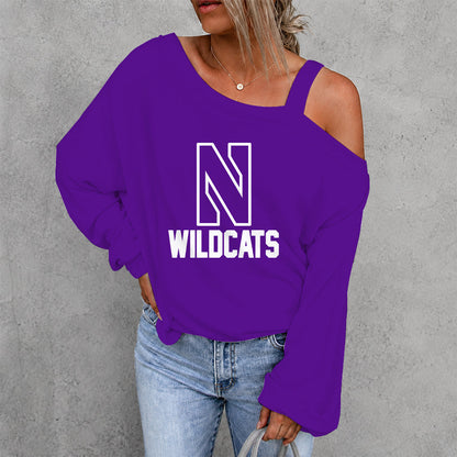 [HOOPS SPECIAL] NEW CUSTOMIZED NCAA CFH06 NOW NORTHWESTERN WILDCATS WOMEN'S OFF-SHOULDER LONG SLEEVE SHIRT