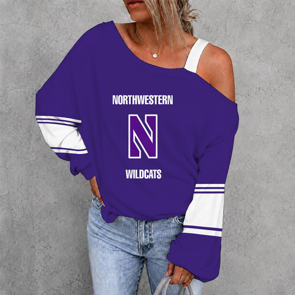 [HOOPS SPECIAL] NEW CUSTOMIZED NCAA CFH06 NOW NORTHWESTERN WILDCATS WOMEN'S OFF-SHOULDER LONG SLEEVE SHIRT
